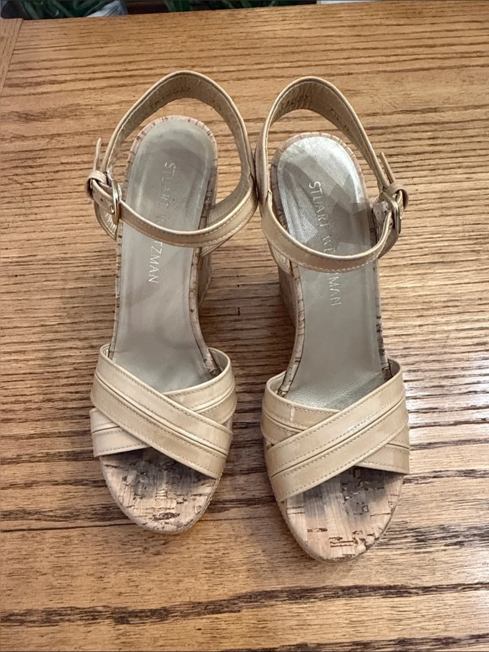 Stuart Weitzman Nude Patent Leather Cork Wedge Sandals - Picture 2 of 6